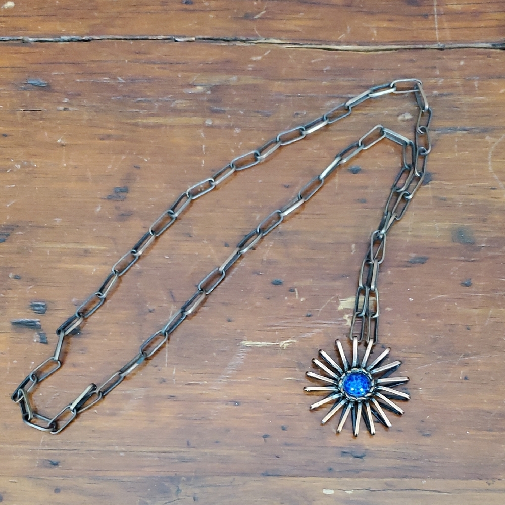 Sunburst Pendant Necklace with Blue Faux Crystal Accent